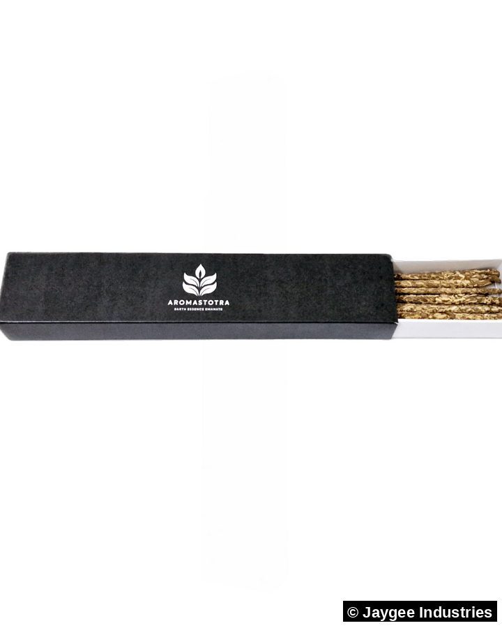 Aromastotra premium matte black sliding box open showing herb incense sticks