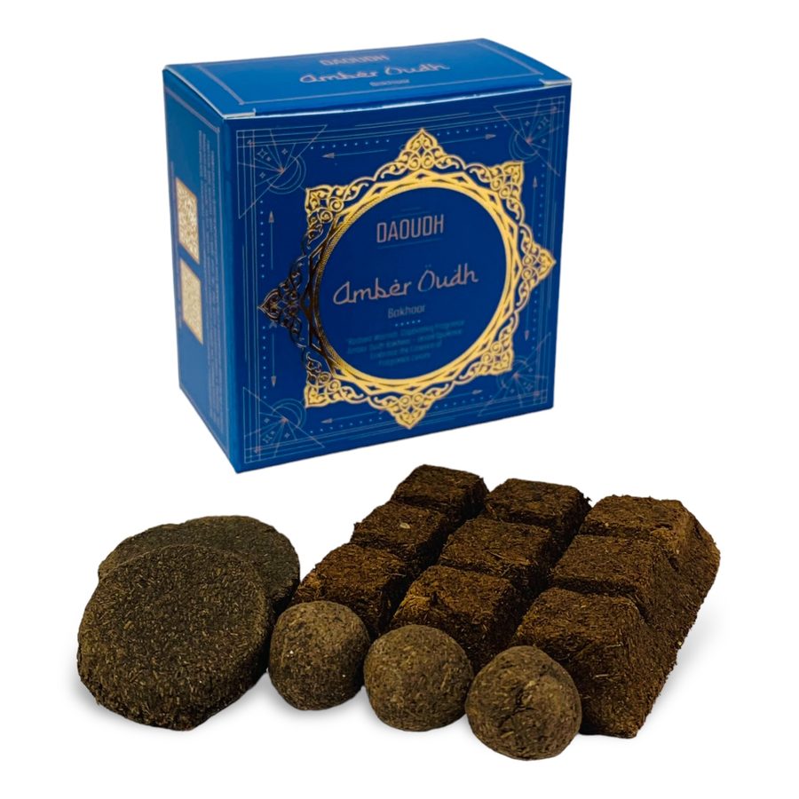 Daoudh Amber Oudh Bakhoor — royal blue box with gold star frame