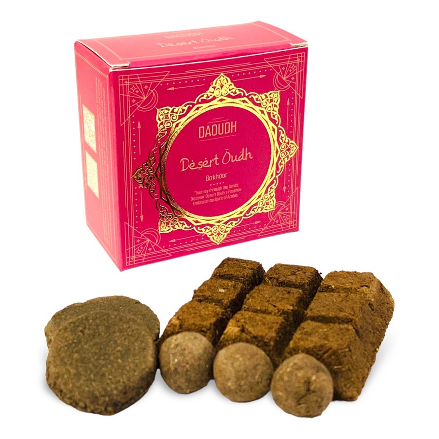 Daoudh Desert Oudh Bakhoor — vibrant pink box with gold medallion
