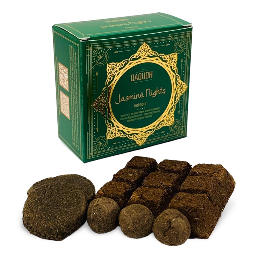 Daoudh Jasmine Nights Bakhoor — emerald green box with gold frame
