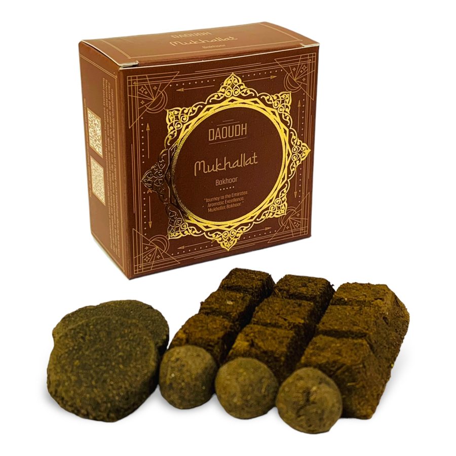 Daoudh Mukhallat Bakhoor — rich brown box with gold medallion