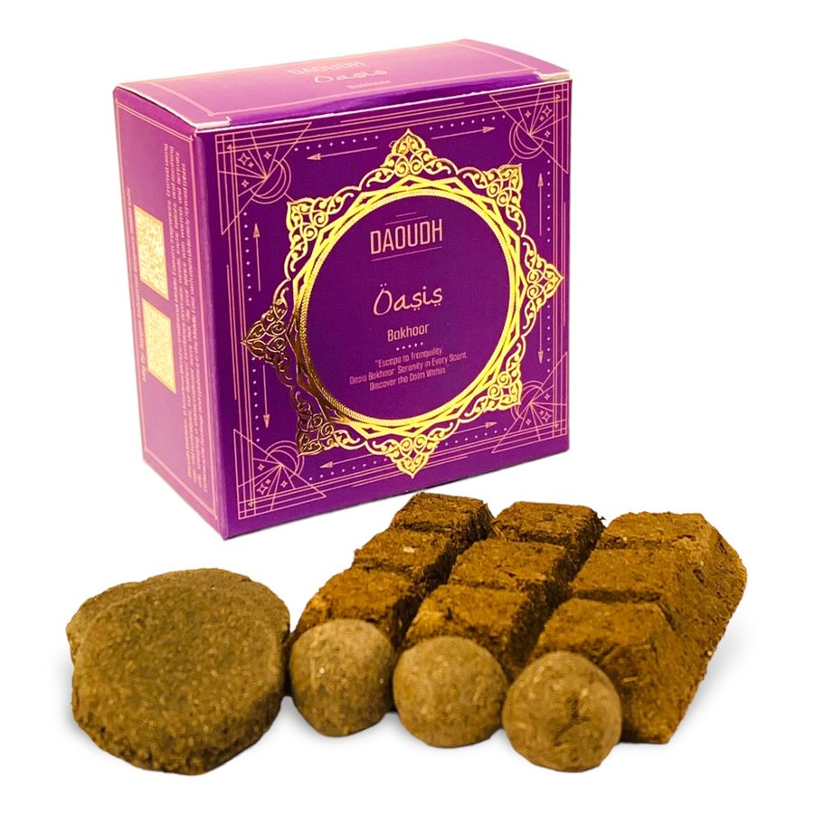 Daoudh Oasis Bakhoor — vibrant purple box with gold medallion