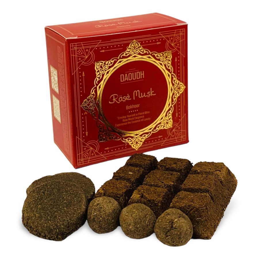 Daoudh Rose Musk Bakhoor — deep red box with gold medallion