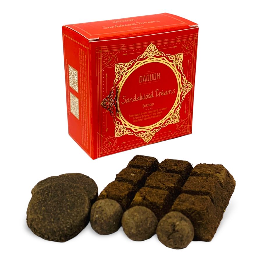 Daoudh Sandalwood Dreams Bakhoor — rich red box with gold arabesque
