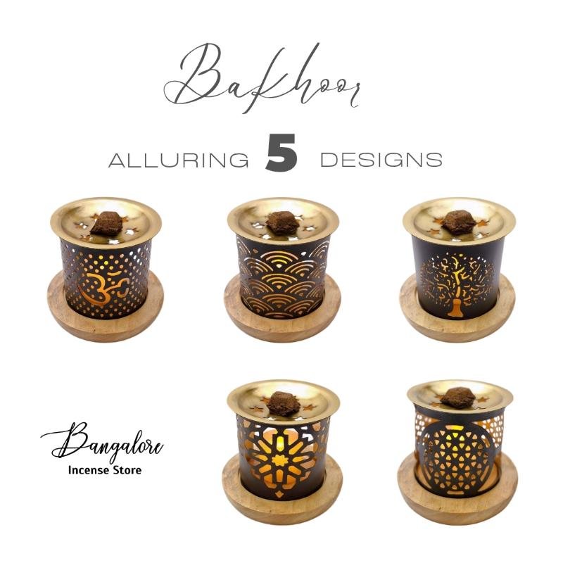 Daoudh Bakhoor Burner — 5 designs with brass top and wooden base