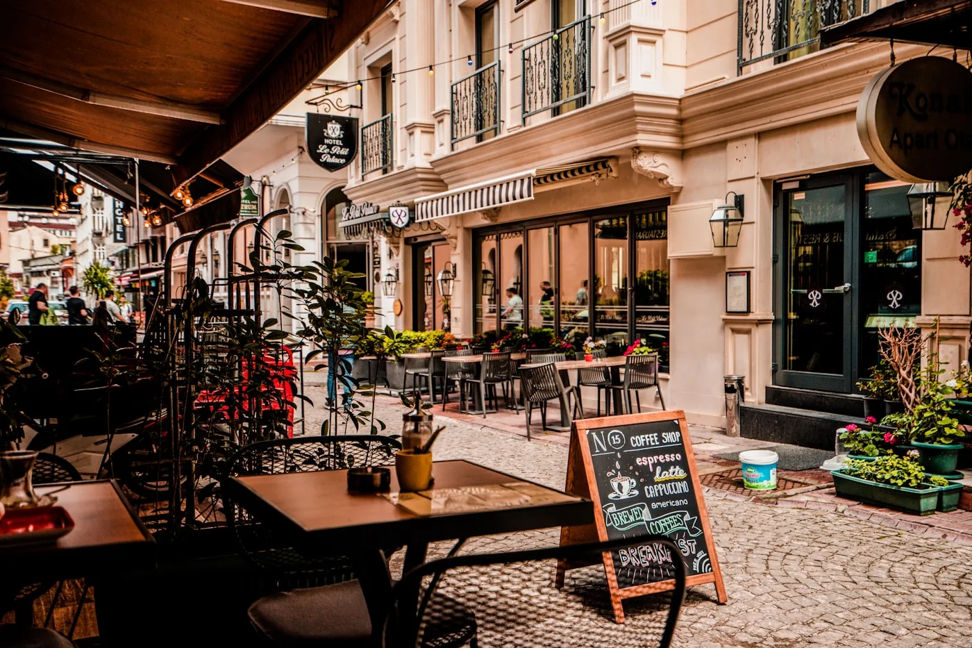 Garden cafe outdoor terrace with botanical incense
