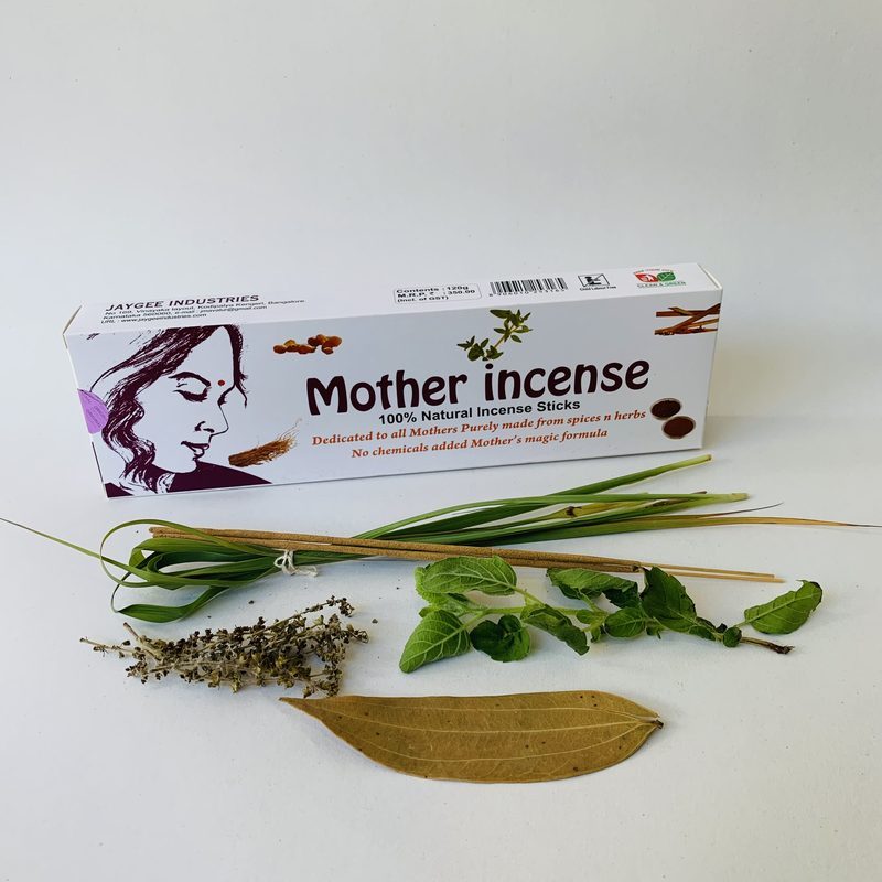 Mother Incense 120g box with fresh home-grown herbs — lemongrass, tulsi and bay leaf