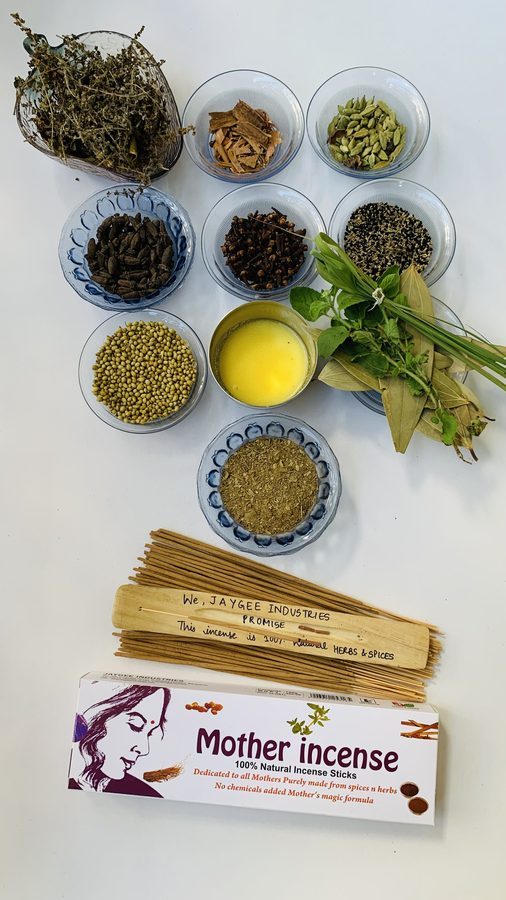 Mother Incense ingredients — herbs, spices and ghee with the Jaygee Industries promise written on bamboo sticks