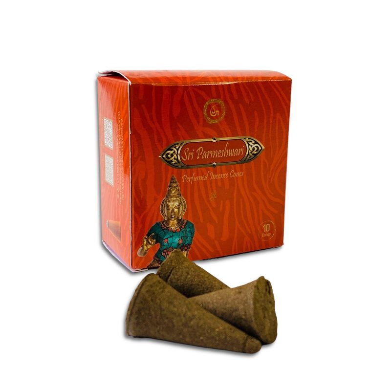 Sri Parmeshwari incense cones box with hand-pressed cones arranged in front