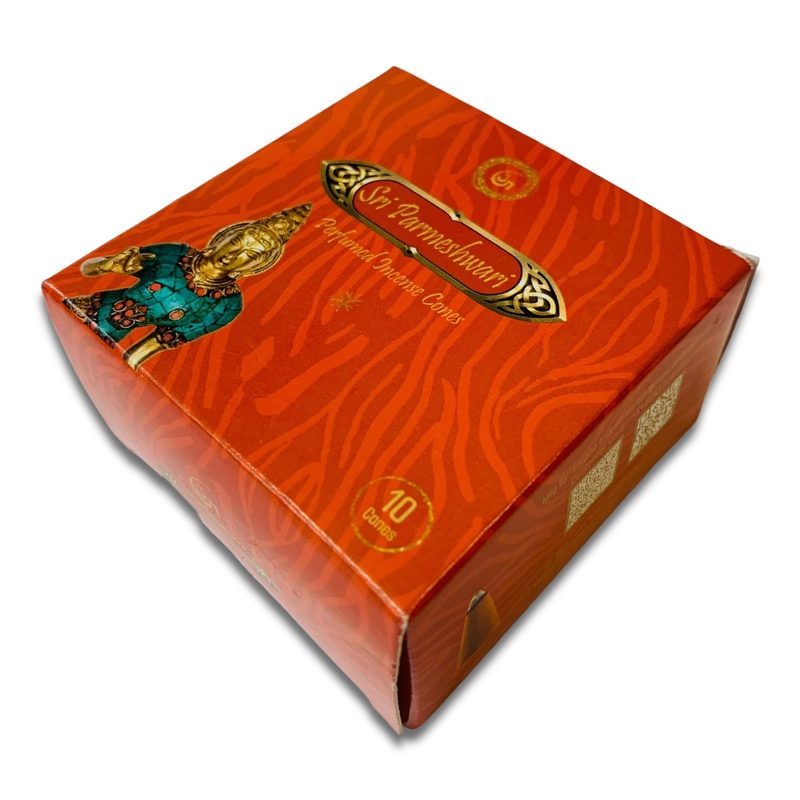 Sri Parmeshwari Divine Incense Cones box — saffron orange with goddess figure