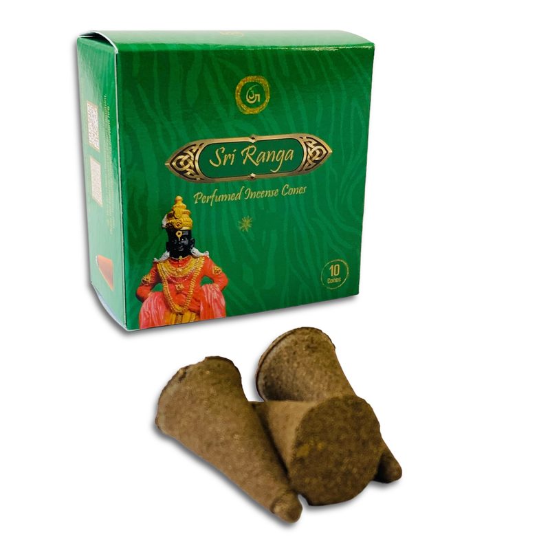 Sri Ranga incense cones box with hand-pressed cones arranged in front