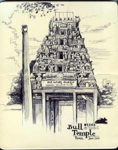 Bull Temple Bangalore — pencil illustration of the ancient Dodda Basavanna temple